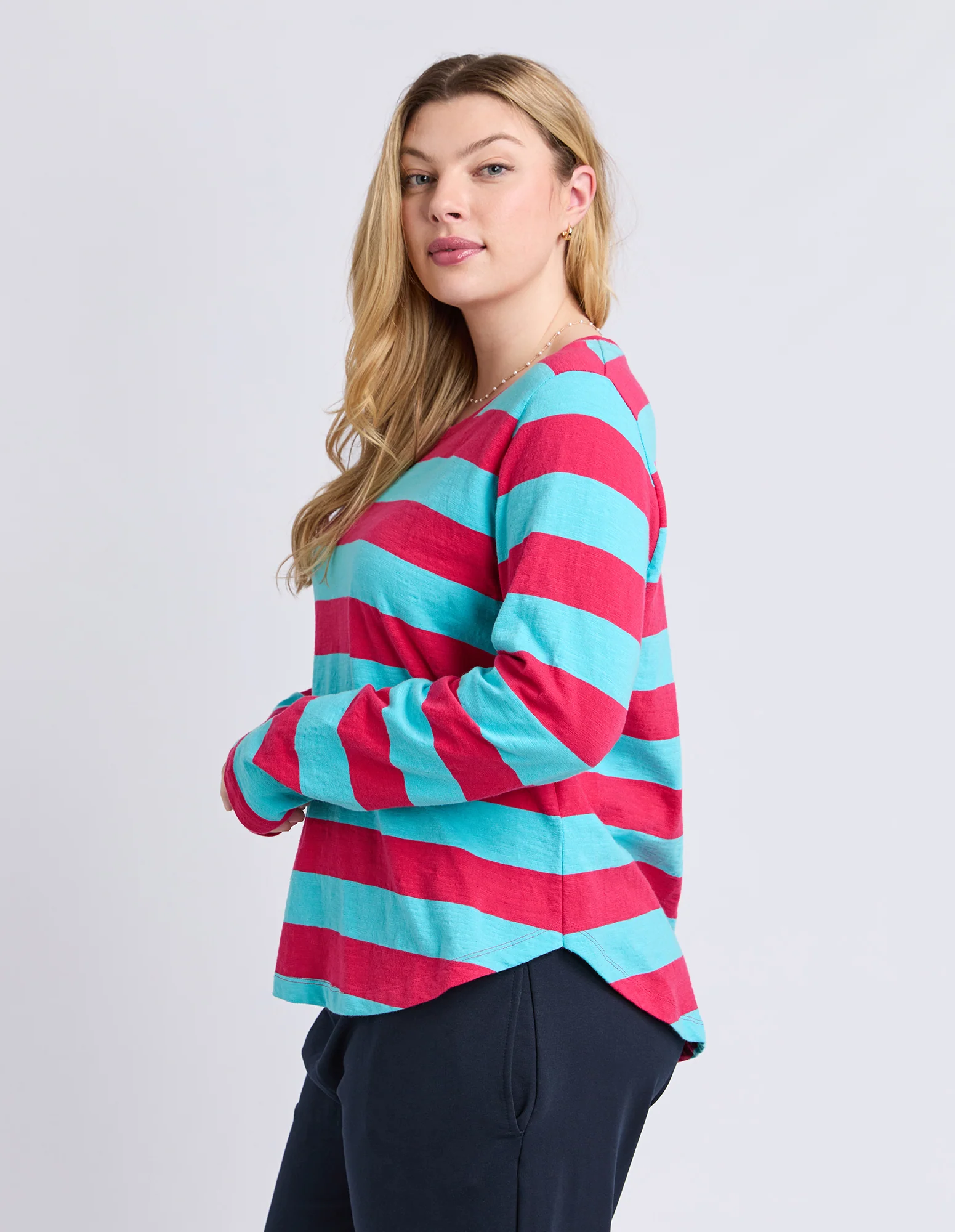 Spritz Stripe Long Sleeve Tee Sea/Dark Pink - Image 9